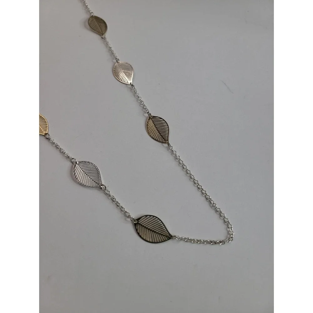 Long Mixed Metal Leaf Station Necklace Gold Silver Tone Openwork‎ Leaves